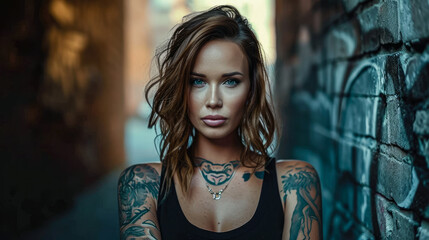 Naklejka premium Portrait of a young tattooed woman who is looking at the camera