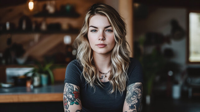 Portrait of a young tattooed woman who is looking at the camera
