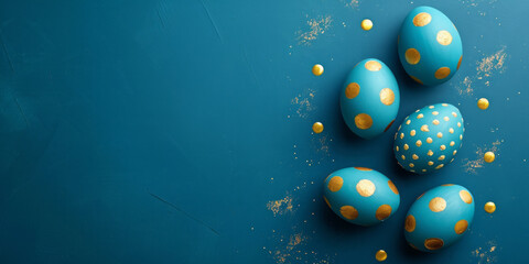 Beautiful painted blue easter eggs with golden decorations on dark blue table top view, greeting card, banner format. - 711631928