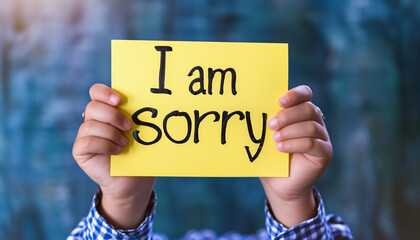 Apology Concept: Hand holding a bright yellow note with a written message saying 'I am sorry