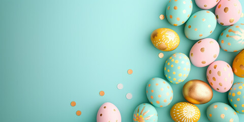 Fototapeta na wymiar Heap of various pastel colors painted easter eggs with golden decorations on turquoise background top view. Greeting card, banner format. .