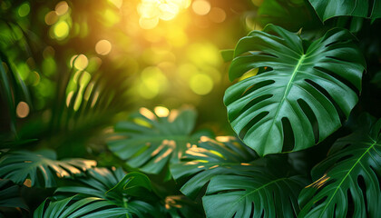 Exotic tropical background with palm leaves of green monstera under sunlight. - obrazy, fototapety, plakaty