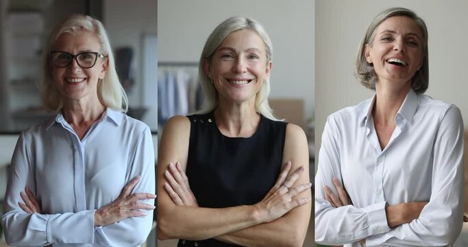 Vertical portraits three blonde middle-aged beautiful businesswomen stand with arms crossed posing for picture at workplace. Collage of happy confident businessladies workers or small business owners