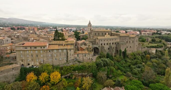 Aerial view architecture cityscape Viterbo Italy. an ancient castle in a historical city. High quality 4k footage