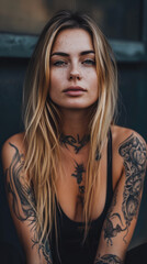 Fototapeta premium Portrait of a young tattooed woman who is looking at the camera
