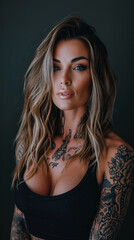Portrait of a young tattooed woman who is looking at the camera