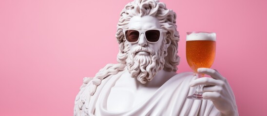 Sculpture of the god Zeus with a glass of beer on a pink background. Weekend concept. - obrazy, fototapety, plakaty