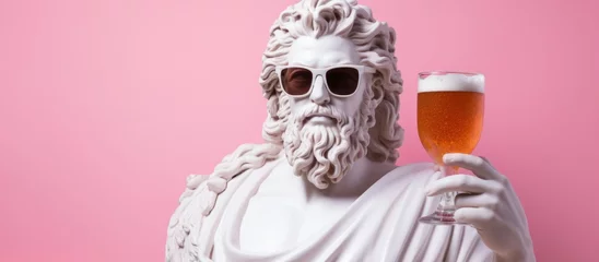 Foto op Canvas Sculpture of the god Zeus with a glass of beer on a pink background. Weekend concept. © Владимир Солдатов