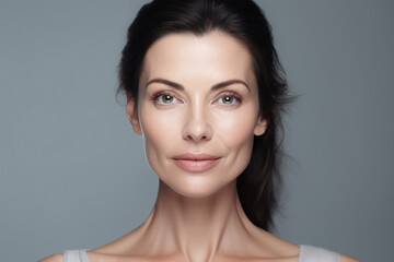 Fototapeta premium Portrait of a beautiful middle aged woman with natural makeup, isolated on a gray background.