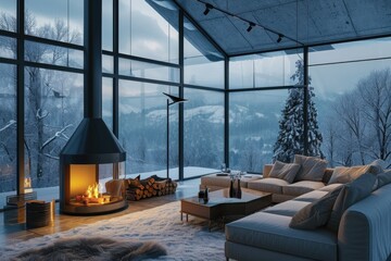 Modern interior design of living room with fireplace and panoramic windows with winter landscape.