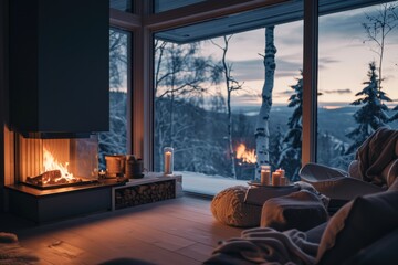 Cozy winter evening in a country house by the window. The concept of comfort and warmth. - obrazy, fototapety, plakaty