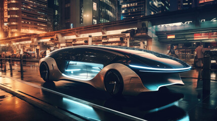 A futuristic electric car on a city street. A concept of the future - obrazy, fototapety, plakaty