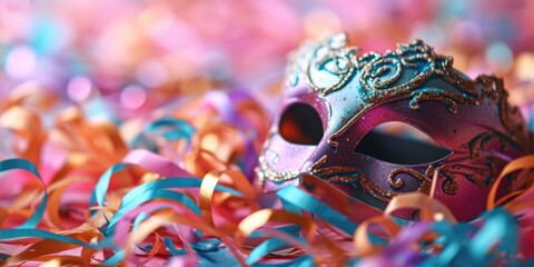 Carnival mask with confetti and ribbons on pink background