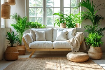 a room with serene peaceful ambiance and plants decorated ideas style inspiration - obrazy, fototapety, plakaty
