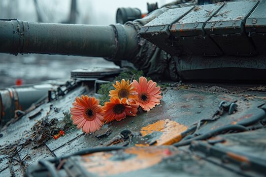 Old n-90 military tank with flowers on the armor. World Concept.