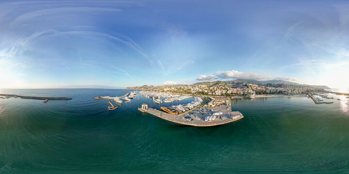 Sanremo, Italy. Aerial view of city skyline on a sunny afternoon. 360 degrees spherical images