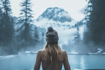 Serene Winter Bliss Woman Soaking in an Outdoor Hot Bath, Immersed in Snowy Mountain Majesty. created with Generative AI