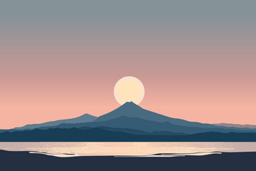 Beach with black volcanic sand against the backdrop of high mountains and sunset. Beach landscape with views of high mountains against the backdrop of a beautiful sunset. Simple vector illustration.