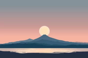 Fotobehang Beach with black volcanic sand against the backdrop of high mountains and sunset. Beach landscape with views of high mountains against the backdrop of a beautiful sunset. Simple vector illustration. © LoveSan