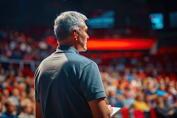 Fototapeta premium Dynamic Corporate Discourse Speaker Engaging the Audience at a Business Seminar or Congress in a Conference Hall Setting. created with Generative AI