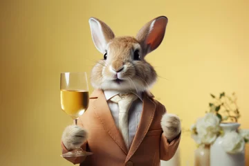 Fototapeten Easter bunny in costume with wine glass on yellow background. Creative concept for Easter weekend. © Владимир Солдатов