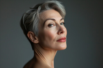 Portrait of beautiful middle-aged woman with short grey hair.