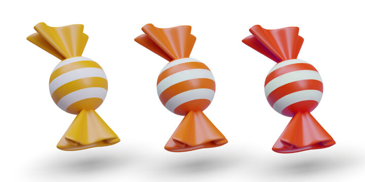 Collection with tasty candies with in orange, yellow and red wrapper with white stripes. Concept of trick or treat. Vector illustration in 3d style with shadow