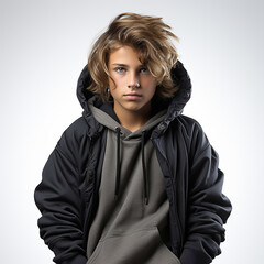 Fototapeta premium Portrait of a european preteen boy wearing a grey hoodie isolated on background.Front view