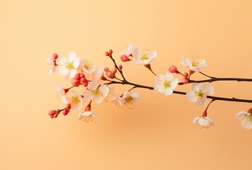 Elegant cherry blossom branch with flowers and buds against a soft pink backdrop