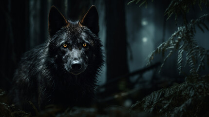 A black wolf in the forest at night