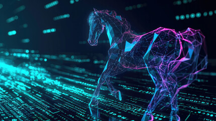 Concept of Trojan horse, deceptive software disguised as legitimate program, executing harmful actions without authorization, compromising data security, and deceiving users for unauthorized access. - obrazy, fototapety, plakaty