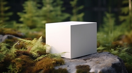 A white box, mockup design, in the forest