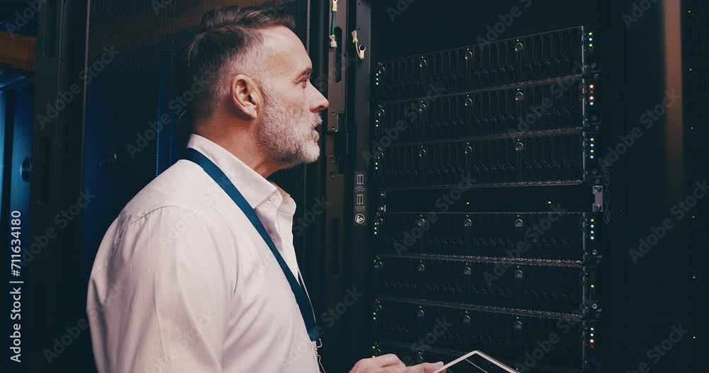 Aufkleber mature man in data center with tablet, network maintenance and engineer in digital storage for datab
