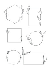 Set of elegant templates with hand drawn botanical elements. Different geometric shaped frames with flowers. Vector illustration