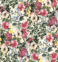 Seamless watercolor floral pattern - pink blush flowers elements, green leaves branches on dark black background; for wrappers, wallpapers, postcards, greeting cards, wedding invites, romantic events.