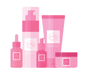 Set of cosmetic products like cleansing gel, toner, face serum and cream. Bottles and tubes for beauty and skin care decorated with pink flower outline logo. Vector illustration