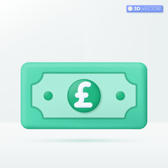 3d pound sterling bill icon symbol. green paper bill, Cash, interest rate, business and finance, investment, financial, payment concept. 3D vector isolated illustration, Cartoon pastel Minimal style