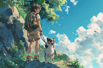Anime Boy Embarking On Adventurous Journey With His Loyal Dog By His Side