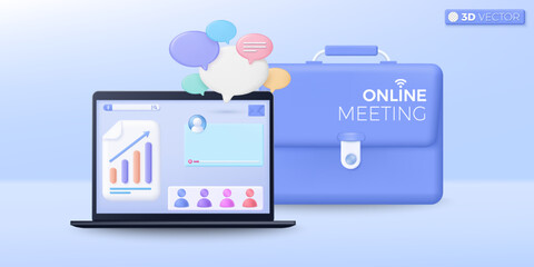 3d online meeting icon symbol. Notebook computer, stacks of book, Graph, reminder, Notification bell, calendar, online conference concept. 3D vector isolated illustration, Cartoon pastel Minimal style