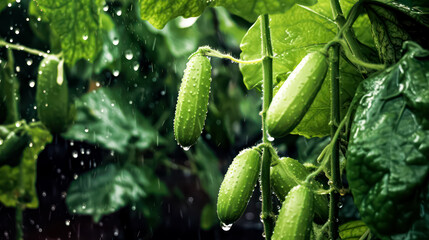 Fresh and vibrant cucumbers thriving in a summer garden, epitomizing the natural beauty and abundance of homegrown vegetables in the peak of the season.