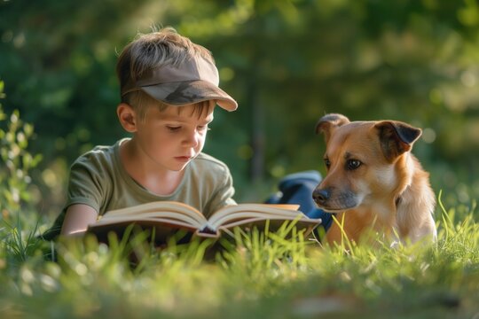 Boy Reading Book With Dog Beside Him