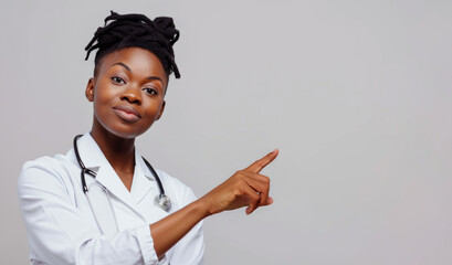 african american doctor points finger highlighting or giving directions on copy space
