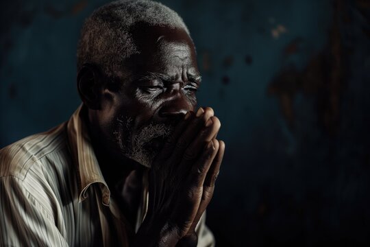 Caribbean Man Seeking Solace, Praying Fervently Against Dark Backdrop