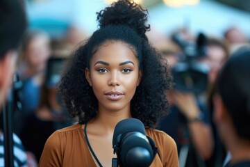 Confident Woman Communicating With Media In Focused, Closeup Perspective