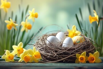 Fototapeta na wymiar Easter Blooms White and Yellow Easter Eggs Nestled in a Bird Nest Basket, Surrounded by Vibrant Yellow Daffodils for a Joyful Holiday Celebration Banner Greeting Card. created with Generative AI