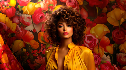 beautiful latina woman with curls over a flower background, concept of retro and nostalgia style 
