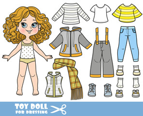 Cartoon girl with curle haired and clothes separately -  insulated set of jacket and trousers, scarf, boots, jeans and -shirts