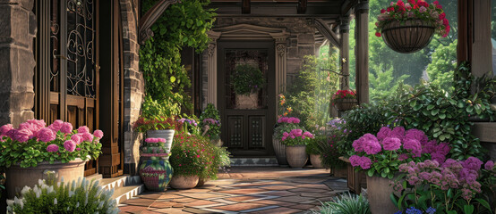 Fototapeta na wymiar Enchanting entryway adorned with vibrant hydrangeas and lush greenery, a welcoming floral embrace