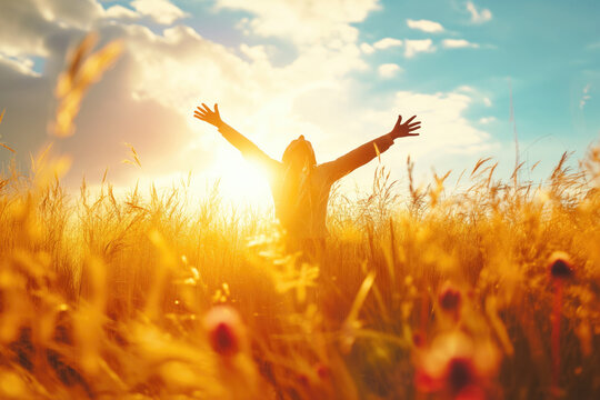 Euphoric Individual Celebrates In Sunlit Rural Field, Arms Reaching For The Sky