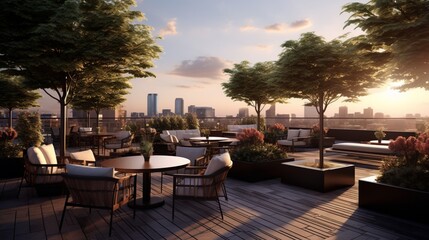 A chic city rooftop bar with panoramic city views, offering space for text placement amidst the stylish atmosphere and cityscape backdrop. - Generative AI